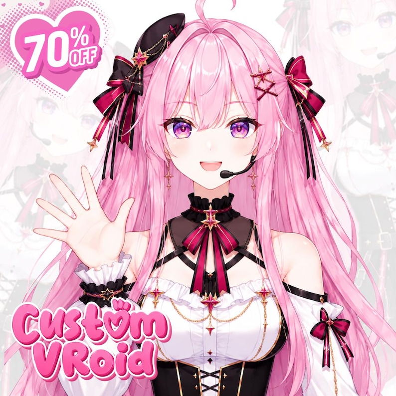 May include: An anime-style character with long pink hair, purple eyes, and a headset, wearing a white and black outfit with red ribbons and star-shaped accents. The image includes a pink heart graphic with the text 70% OFF and the text Custom VRoid.