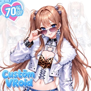 May include: An anime-style character with long brown hair in twin tails, wearing a white cropped jacket with a fur collar, a leopard print top, and a black choker. The character has blue eyes and wears dark sunglasses. Text reads 70% OFF and Custom VRoid.