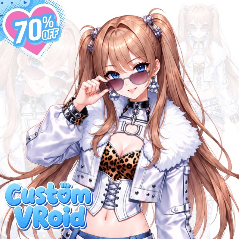 May include: An anime-style character with long brown hair in twin tails, wearing a white cropped jacket with a fur collar, a leopard print top, and a black choker. The character has blue eyes and wears dark sunglasses. Text reads 70% OFF and Custom VRoid.