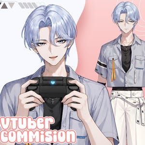 Op de afbeelding: Een digitale illustratie van een personage met lichtblauw haar, gekleed in een lichtblauw overhemd met korte mouwen over een zwart shirt, met een zwarte gamecontroller met een blauw hartje. De tekst VTuber COMMISION is zichtbaar.