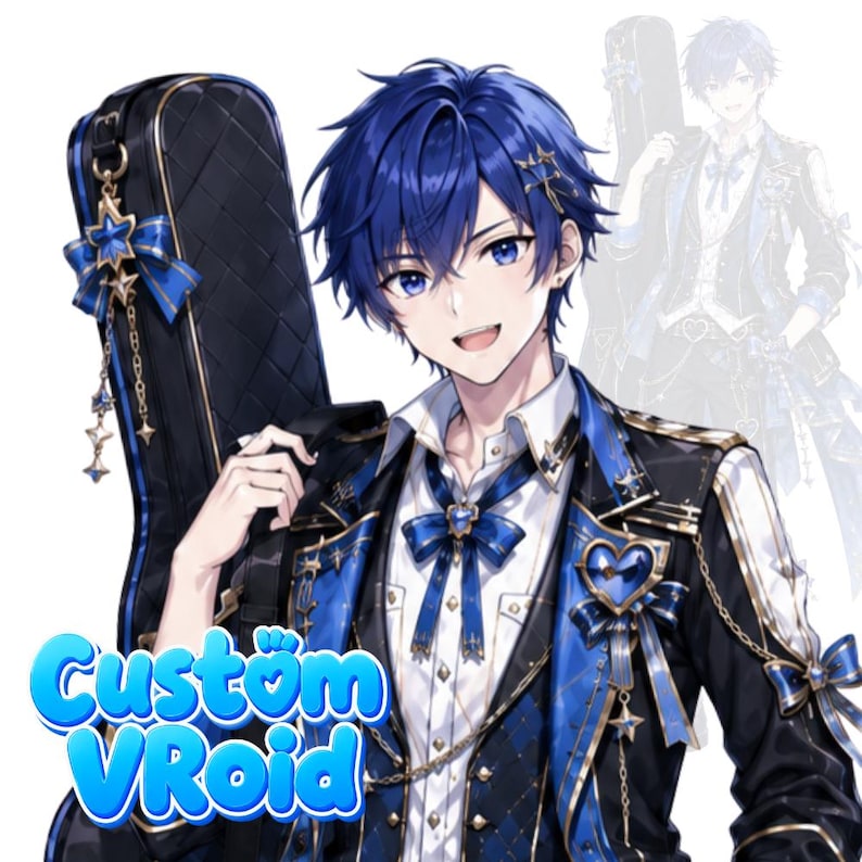 May include: An anime-style character with blue hair wearing a black and blue suit with gold accents, a blue bow tie, and heart-shaped details. The character carries a black instrument case with a blue star charm. The text Custom VRoid is visible.