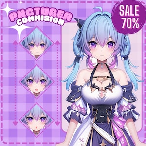 May include: A digital illustration of a female anime character with long blue and pink hair. She is wearing a white and purple dress with a black belt. The image includes the text "PNGTUBER COMMISSION" and "SALE 70%".