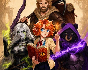 May include: A digital illustration featuring four characters: a bearded human with a pickaxe, a pale elf with green energy, a ginger-haired person holding a red dragon-eye book, and a bear-like figure in a purple cloak casting purple magic.