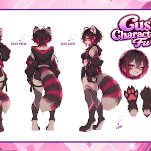 Puede incluir: Una hoja de referencia de personaje digital titulada Custom Character sheet Furry que muestra una criatura antropomórfica con pelaje negro y magenta, vistiendo una sudadera con capucha y pantalones cortos negros. Incluye vistas frontal, trasera y lateral, tres expresiones faciales y detalles de las patas.