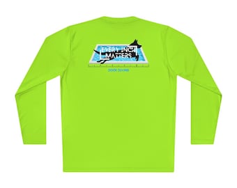 May include: A bright green long-sleeve shirt with a graphic of a dog jumping into a pool. The graphic says "Every Inch Matters" and "Dock Diving".