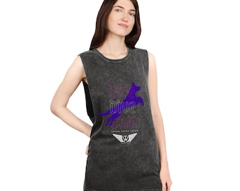 May include: A sleeveless, dark gray tank top with a purple and white graphic that says "Dive Dive Dive" and a purple dog silhouette. The tank top also features a white logo with wings.