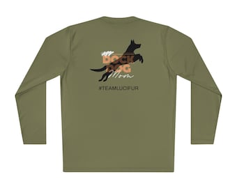 May include: Green long-sleeve shirt with a black silhouette of a dog jumping. The text "Dock Dog Mom" is printed in orange and brown on the shirt. The hashtag "#TeamLucifer" is printed below the text.