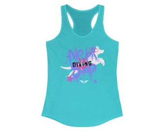 May include: A turquoise tank top with a white silhouette of a dog jumping through the air with the words "No Fear Diving" in purple and pink lettering.
