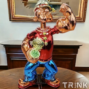 Chrome Red Popeye The Sailor Man Wynn Statue Sculpture Pop Art, Life Size Popeye Wynn Resort Pop Art Statue Sculpture Candy Chrome Custom
