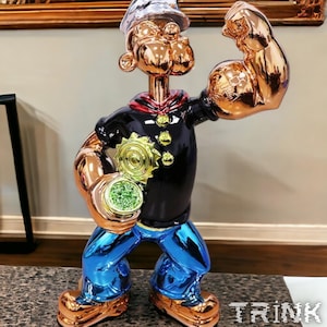 Custom Popeye Chrome Sculpture 15” Detailed Resin Art for Home Decor, Collectible Cartoon Figure Life Size Popeye Wynn Resort Pop Art Statue