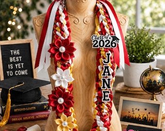Personalized Graduation Lei 2026, Custom Ribbon Lei, Custom Name Ribbon Lei with Flowers, Personalized Name Senior Lei Class Of 2026 Gift