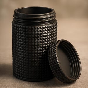 Puede incluir: Un tarro negro con textura y tapa separada. El tarro y la tapa presentan un patrón triangular repetitivo. La tapa está colocada junto al tarro, revelando el interior. El tarro es cilíndrico con una parte superior roscada.