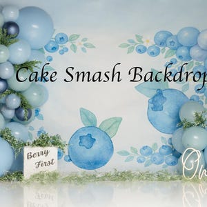 Blueberry Digital Backdrop, Blue sage balloons, First Birthday Cake Smash setup, Summer Backdrop, One year old celebration