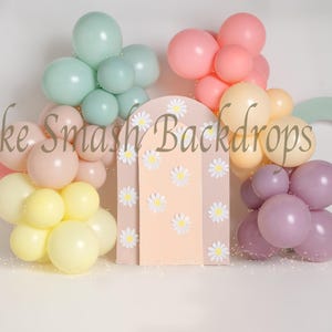 Balloon Cake Smash Digital Backdrop, neutral colours rainbow balloon setup, white daisies photo backdrop