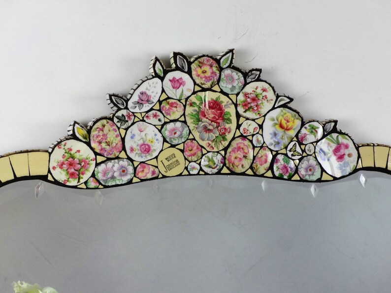 Round Wall Mirror Vintage Mosaic Mirror Pink and Yellow Etsy