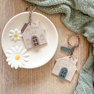 May include: Two house-shaped keyrings with the text "OUR HOME C&J" and the year "2025". One keyring has a purple door, the other has a blue door. The keyrings are on a white plate with daisy accents.