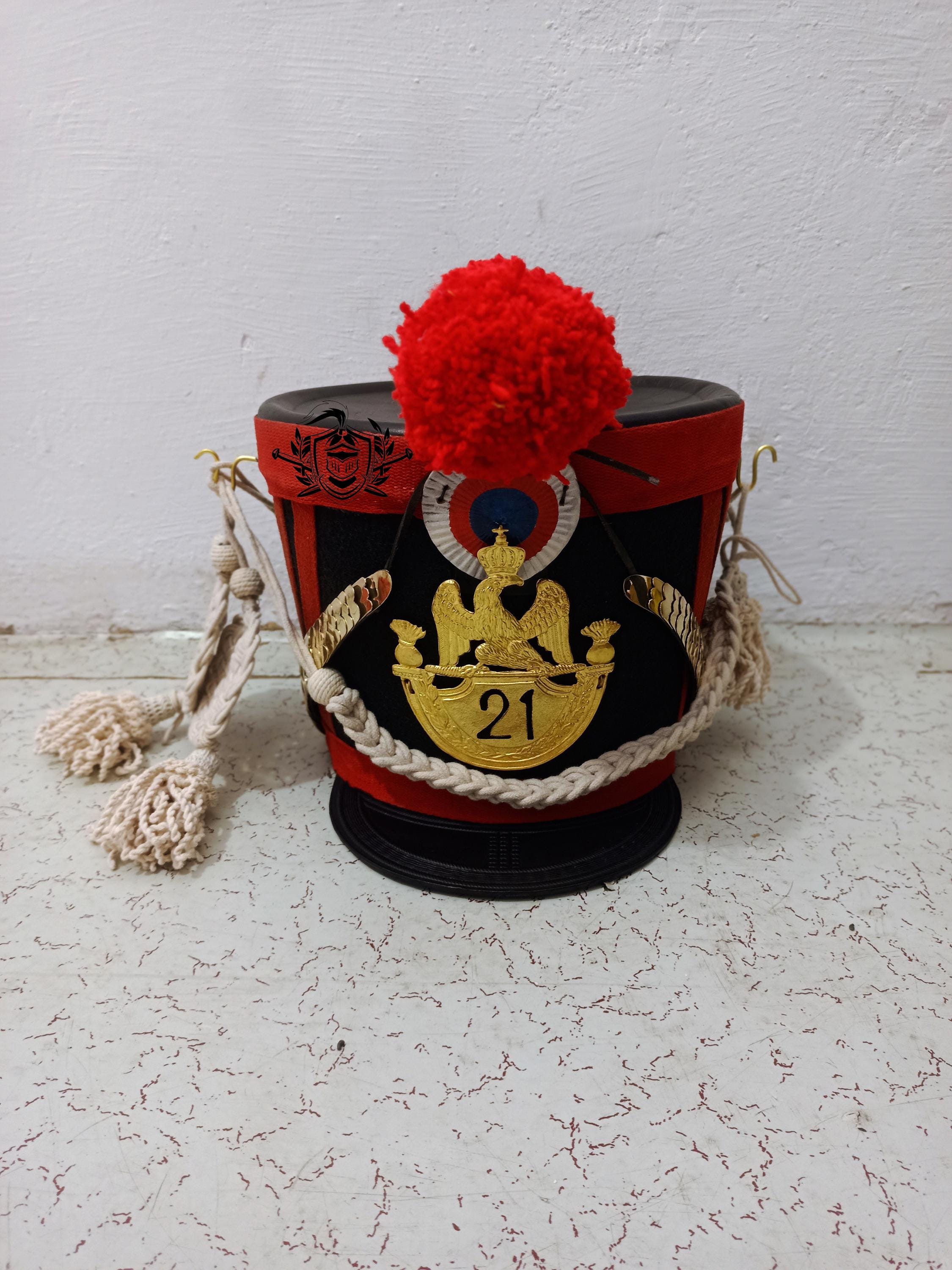 French Napoleonic Leather Shako Helmet: Red Pompom, Brass Plate