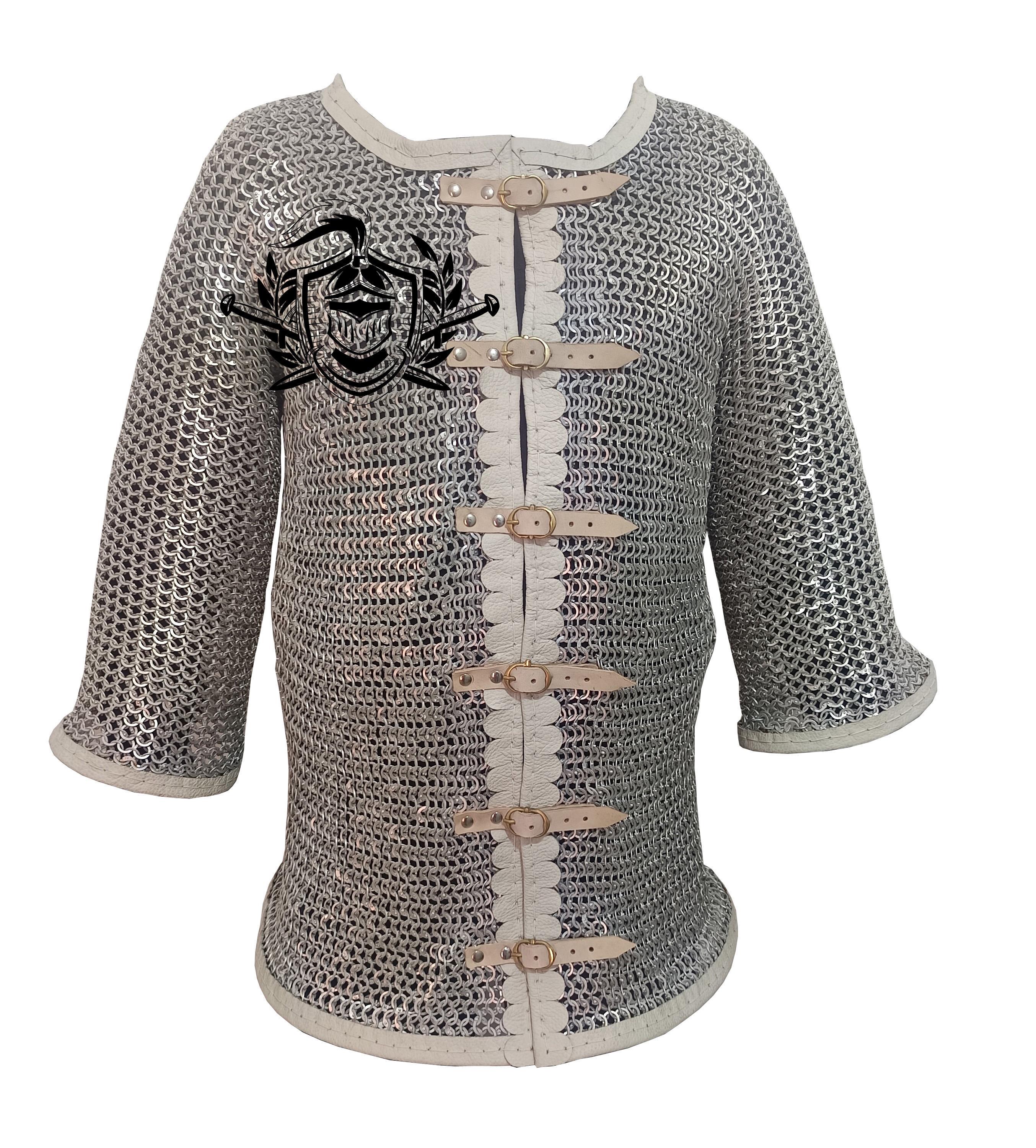 Aluminum Riveted Chainmail Haubergeon: White Leather Cosplay Armor