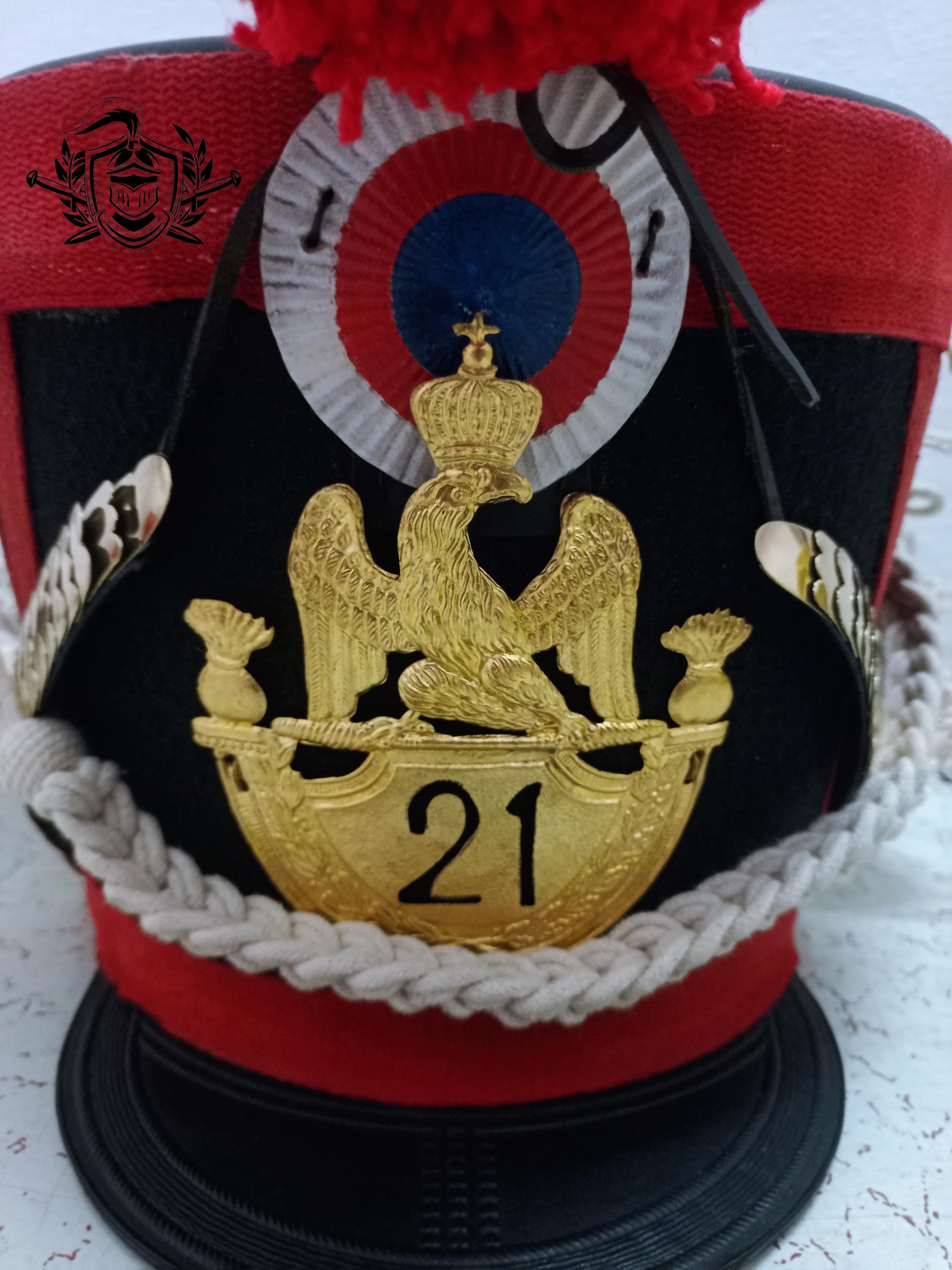 French Napoleonic Leather Shako Helmet: Red Pompom, Brass Plate