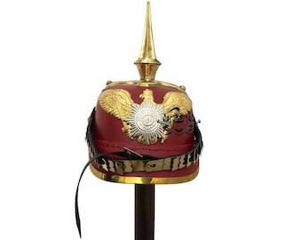 Red Leather German Prussian Pickelhaube Helmet LARP Cosplay & Reenactment Armor Costume