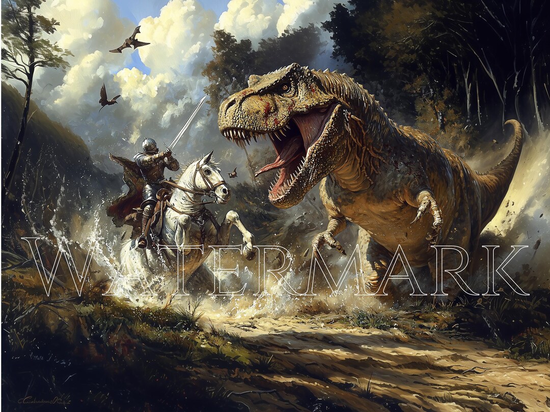 Knightdale Rex Medieval Knight on Horseback Battling a Tyrannosaurus Rex Poster Knight ...