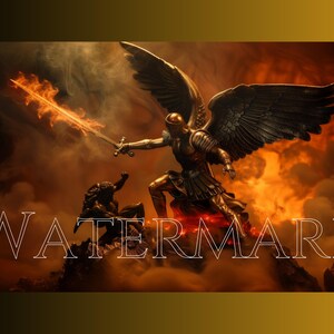 Puede incluir: Una estatua de ángel dorada con alas grandes y una espada, de pie sobre una base roja de fuego. El ángel está luchando contra una figura oscura más pequeña. El fondo es de color naranja y amarillo fuego.