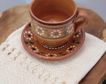 Handmade Tonala Mexican Barro Coffee Cup Set: Tea Mug & Heart Plate