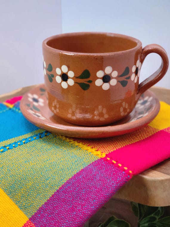 Handmade Tonala Mexican Barro Coffee Cup Set: Tea Mug & Heart Plate