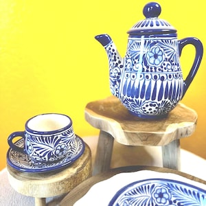 Blue Talavera Tea Set with Kettle: Traditional Mexican Decor