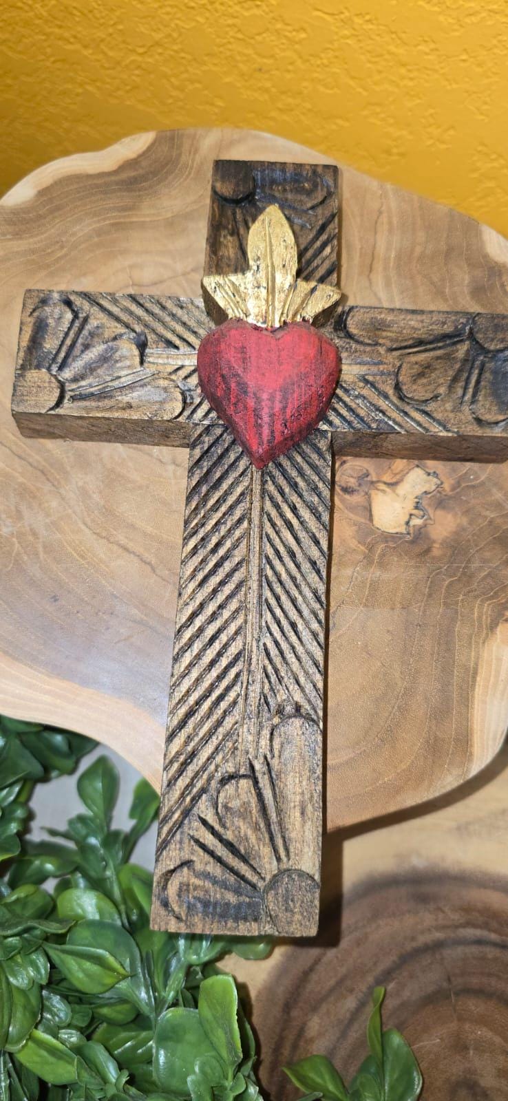 Small wood Cross handmade with craved sacred heart / Wall cross Mexican/ wall art / gift / office decor / Religious/ home decor