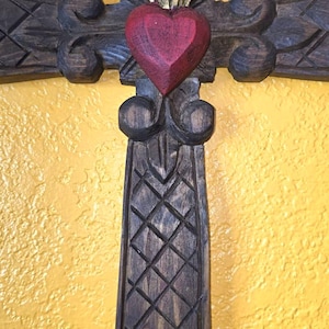 Handmade Wood Cross with Sacred Heart - Mexican Wall Art