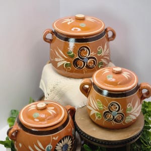 May include: Three ceramic pots with lids, featuring a brown base color and decorative floral patterns in white, blue, and green. Each pot has two handles and a small knob on the lid. The pots are displayed on a white surface and a wooden stand.