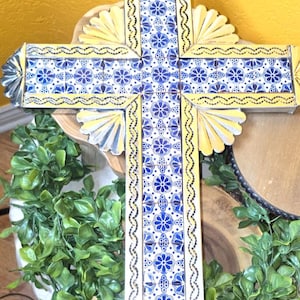 Large Tin Cross with Talavera Tiles: Handmade Mexican Wall Art (28in)