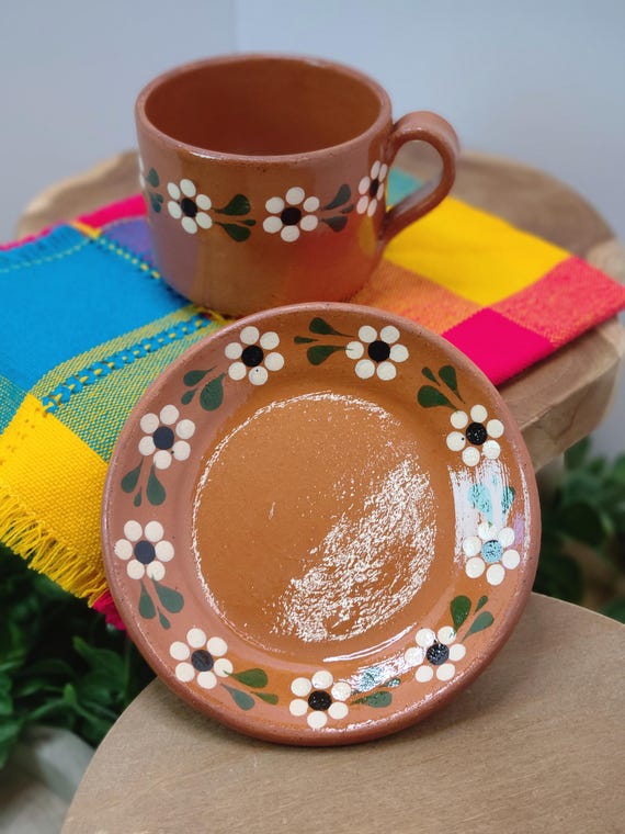 Handmade Tonala Mexican Barro Coffee Cup Set: Tea Mug & Heart Plate