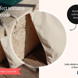 May include: Image showcasing a mockup with the text "Perfect textures & Details" and "REALISTIC & DETAILED Mockups". The image features a beige fabric draped over a textured surface, with text indicating it's editable in Photoshop or Photopea.