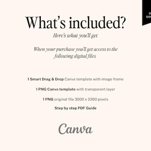 May include: Cream-colored graphic with the text "What's included?" and a list of digital files: a Canva template, a PNG template, an original file, and a PDF guide. A black banner with a blue star and the words "DIGITAL DOWNLOAD" is in the upper right corner. The Canva logo is at the bottom.