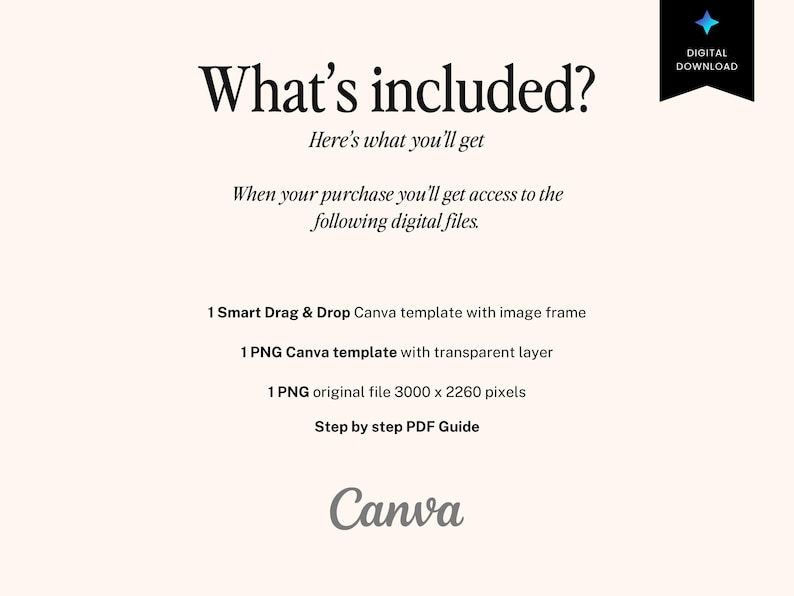 May include: Cream-colored graphic with the text "What's included?" and a list of digital files: a Canva template, a PNG template, an original file, and a PDF guide. A black banner with a blue star and the words "DIGITAL DOWNLOAD" is in the upper right corner. The Canva logo is at the bottom.