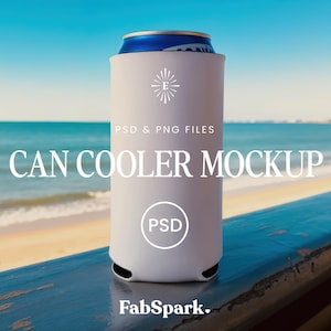 May include: A white can cooler mockup with a blue can inside, set against a beach backdrop. The text "CAN COOLER MOCKUP" is displayed prominently. The design includes the FabSpark logo and the words "PSD & PNG FILES".