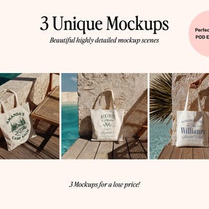 3 Canvas Tote Bag Mockups, Photoshop Tote Bag Mockups, PS Smart Object Tote Bag, Editable POD Tote Template, Woman Tote Bag Photoshop Mockup