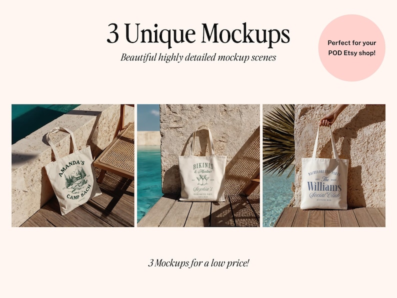 3 Canvas Tote Bag Mockups, Photoshop Tote Bag Mockups, PS Smart Object Tote Bag, Editable POD Tote Template, Woman Tote Bag Photoshop Mockup