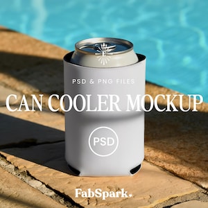 May include: A white can cooler with a silver can inside, set against a pool. The text "CAN COOLER MOCKUP" is displayed, along with the FabSpark logo. The image is a mockup.