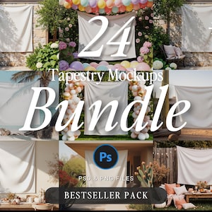 May include: A composite image showcasing 24 tapestry mockups in various outdoor settings. The word "Bundle" is prominently displayed, along with text indicating PSD and PNG file formats. The phrase "Bestseller Pack" is also visible.