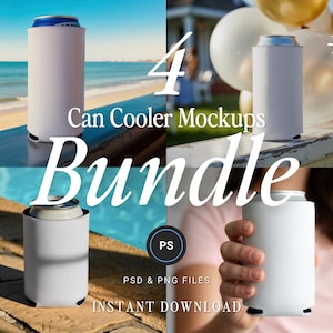 May include: A mockup bundle of four can coolers in different settings. The image features white can coolers with a blue and silver can inside. Text on the image reads "4 Can Cooler Mockups Bundle" and "Instant Download".