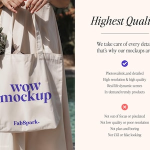 May include: A beige tote bag with the words "wow mockup" in purple script. The bag is held by a person wearing a beige dress. The text "FabSpark" is below the text on the bag.