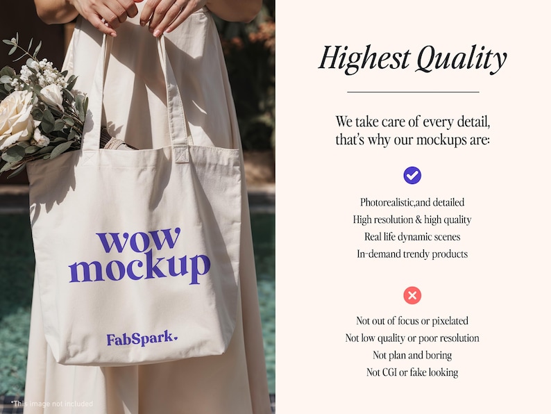May include: A beige tote bag with the words "wow mockup" in purple script. The bag is held by a person wearing a beige dress. The text "FabSpark" is below the text on the bag.