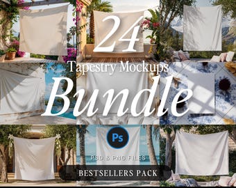 Lot de 24 maquettes de tapisserie, lot de 24 tapisseries modifiables Photoshop, ensemble de maquettes de bannière PSD, pack de maquettes de tapisserie PS vierges, maquettes de bannière POD