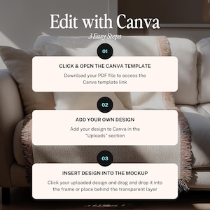 May include: Image showing a sofa with a blanket and text that says "Edit with Canva" and "3 Easy Steps". The steps are: Click & Open the Canva Template, Add Your Own Design, and Insert Design into the Mockup. A Canva logo is in the bottom right.