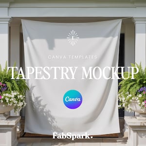 May include: A white tapestry mockup with the text "TAPESTRY MOCKUP" and "CANVA TEMPLATES". The Canva logo is visible. The tapestry is hanging in front of a house entrance, flanked by large planters filled with flowers and ferns.