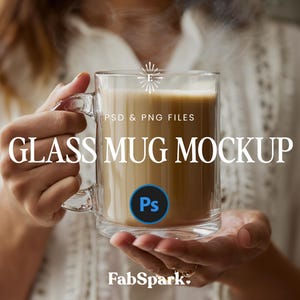 May include: A clear glass mug filled with a light brown beverage, held by a person. The mug has a handle and is labeled "GLASS MUG MOCKUP" with "PSD & PNG FILES" above. A Photoshop logo is visible.