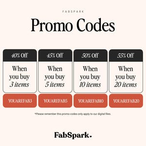 May include: Promotional graphic from FabSpark with the text "Promo Codes." It displays four offers: 40% off when buying 3 items, 45% off for 5 items, 50% off for 10 items, and 55% off for 20 items. Each offer has a corresponding promo code.